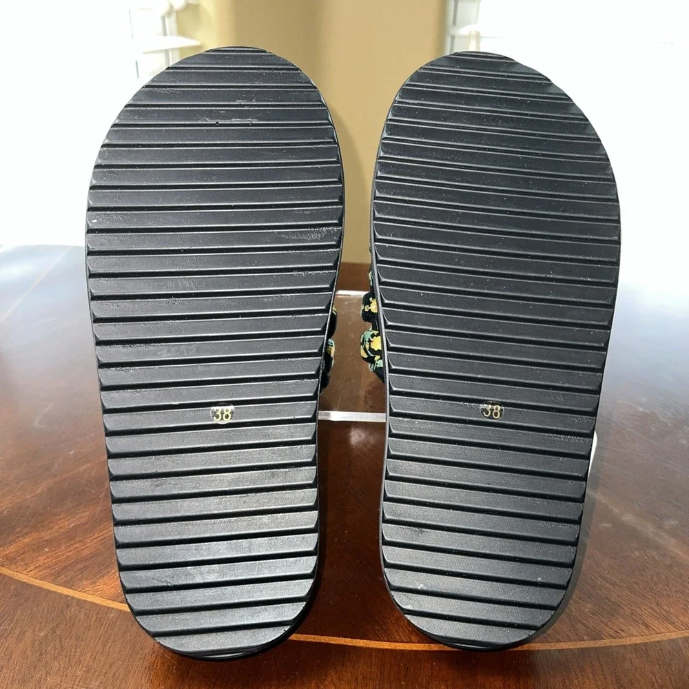 Kurt Geiger Vegan Black Yellow Floral Woven Chunky Slides Sandals Sz 7 Cottage